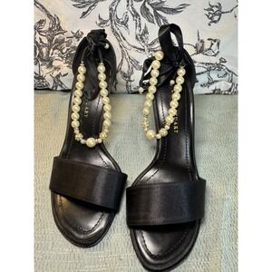 NIB Vintage Colin Stuart Black Satin Pearl Ankle Strap Heels Rhinestones Size 5